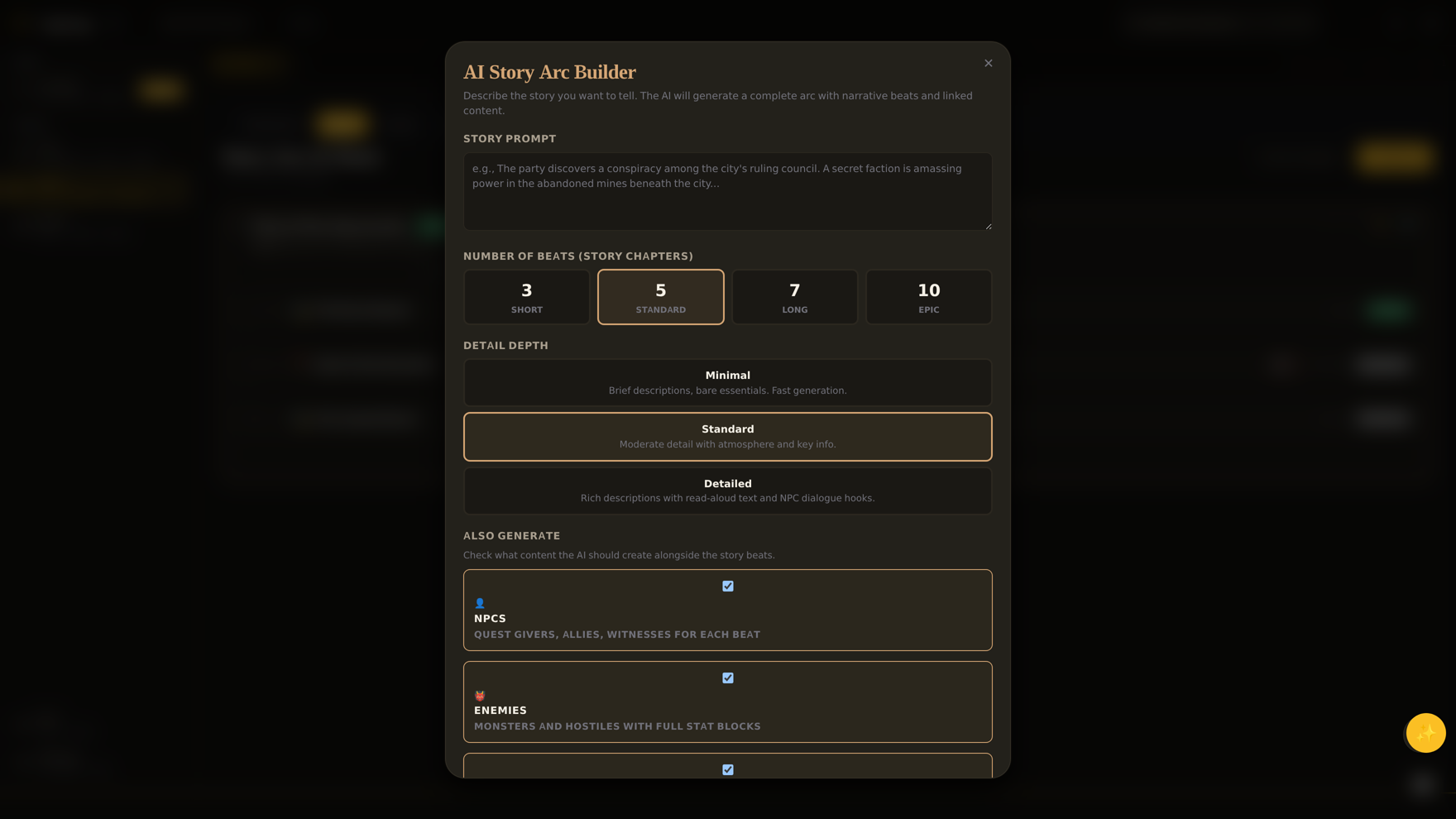 AI Story Arc Builder: prompt, beat count, detail depth, linked content generation