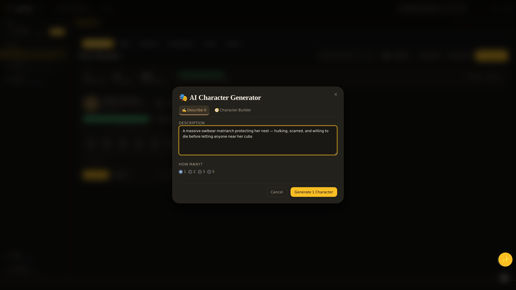 AI Generator modal for creating game content from a text description