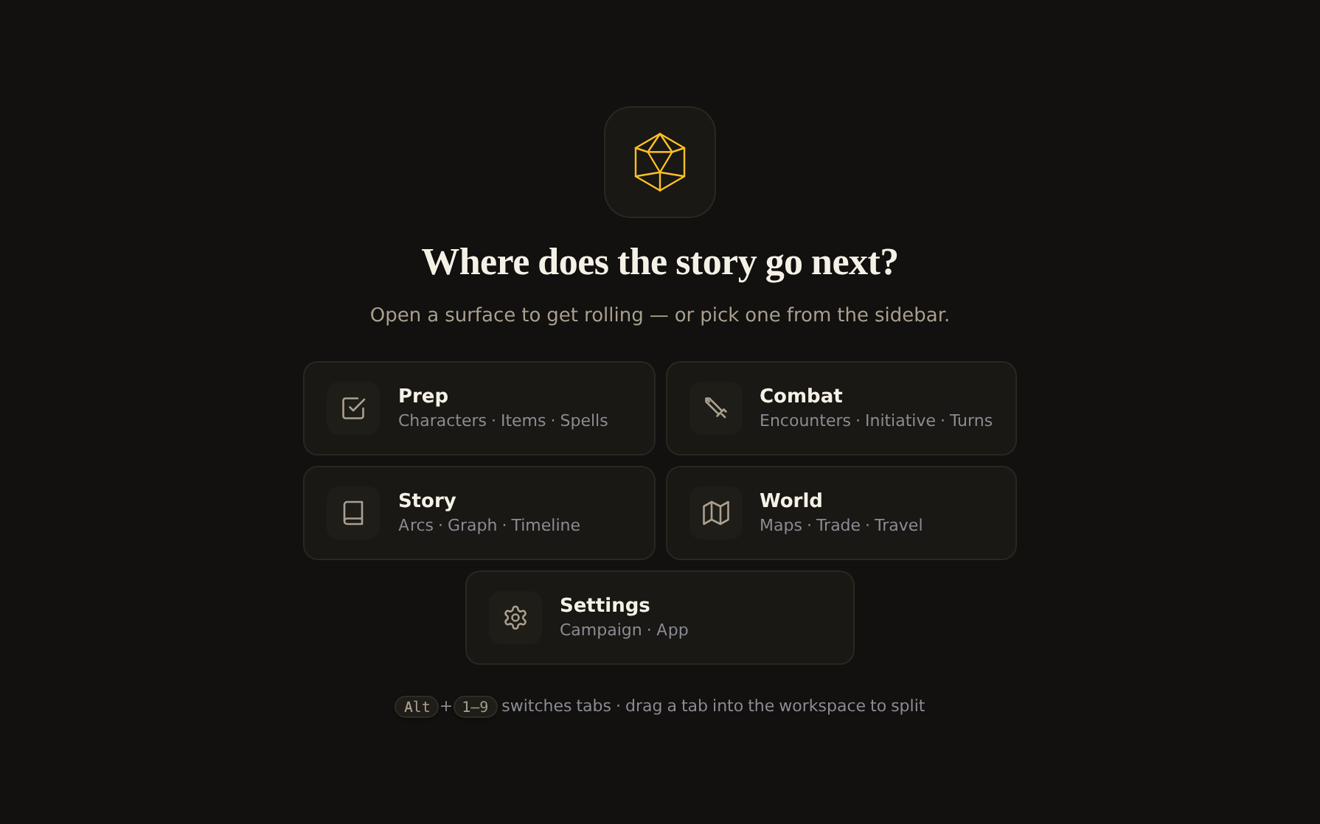 CogForge empty workspace: Where does the story go next? with mode launchers