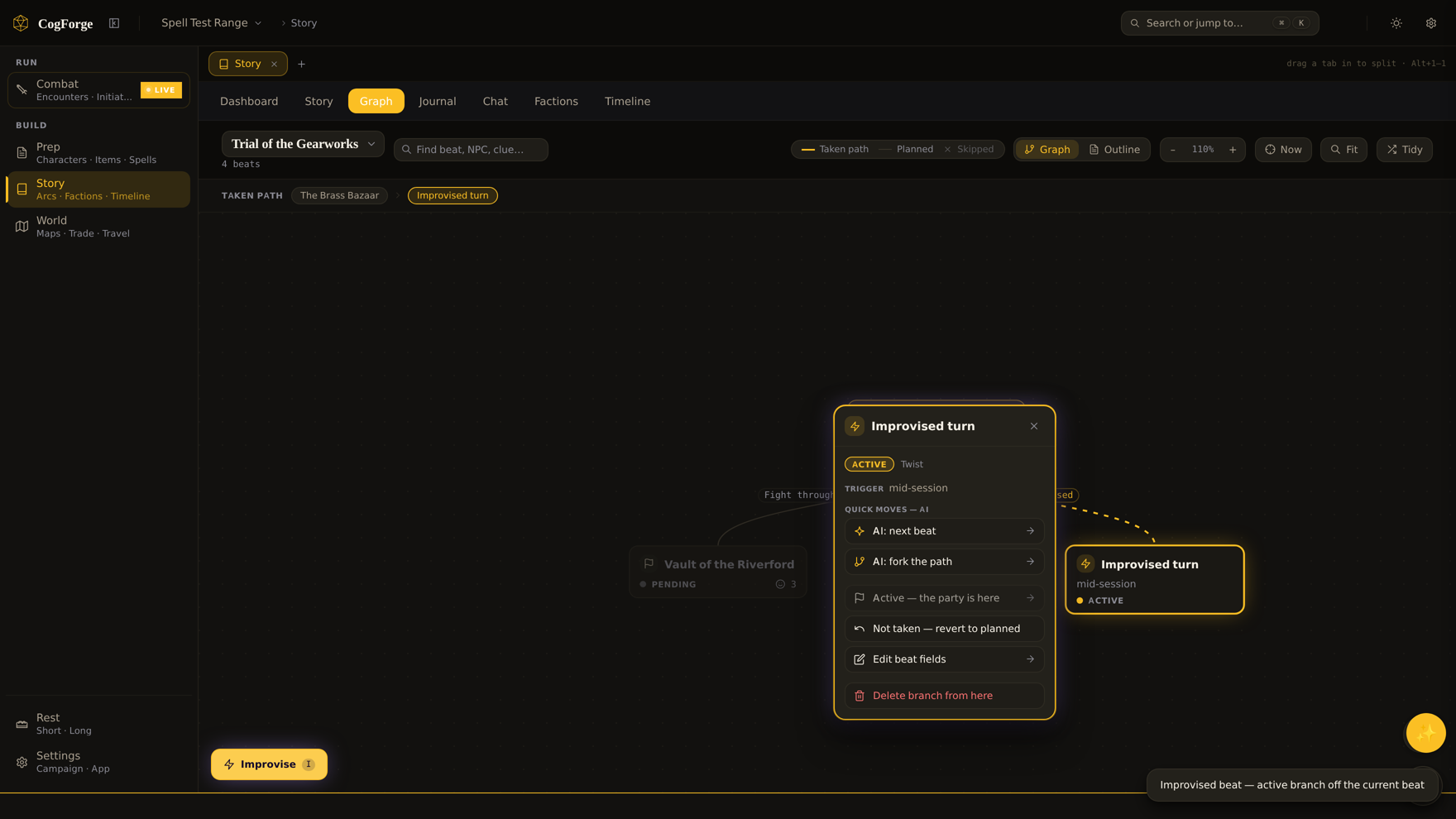 Story graph with an improvised beat branched off the taken path, with AI quick moves