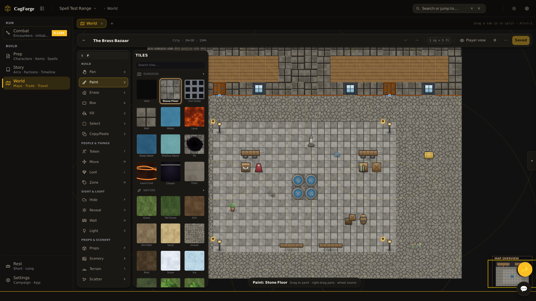 Tile-based map editor with tool rail, tile palette, and minimap