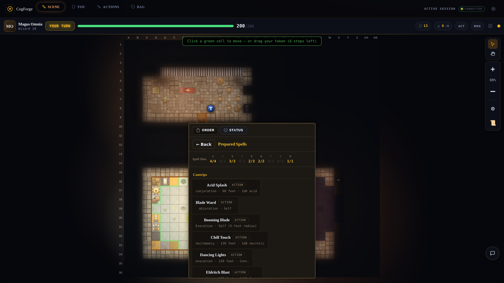 In-combat spell picker with spell slots by level
