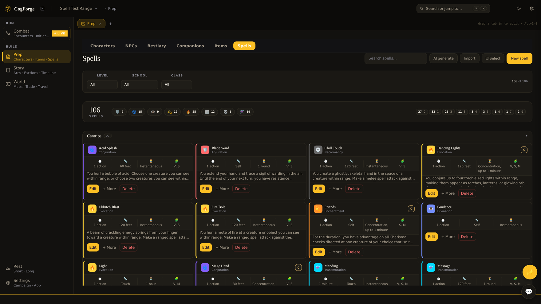 Spell library with full metadata, level and school filters, and AI generation