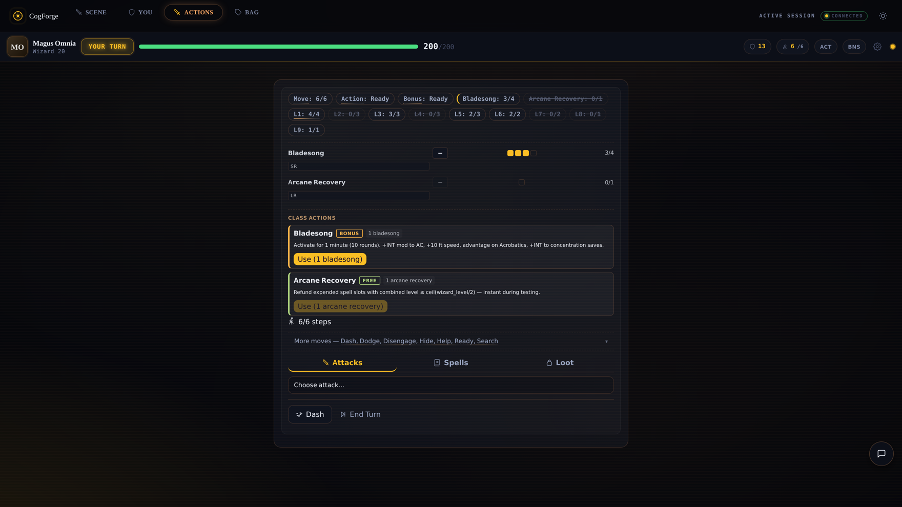 Player actions view: action economy, spell slots, class actions