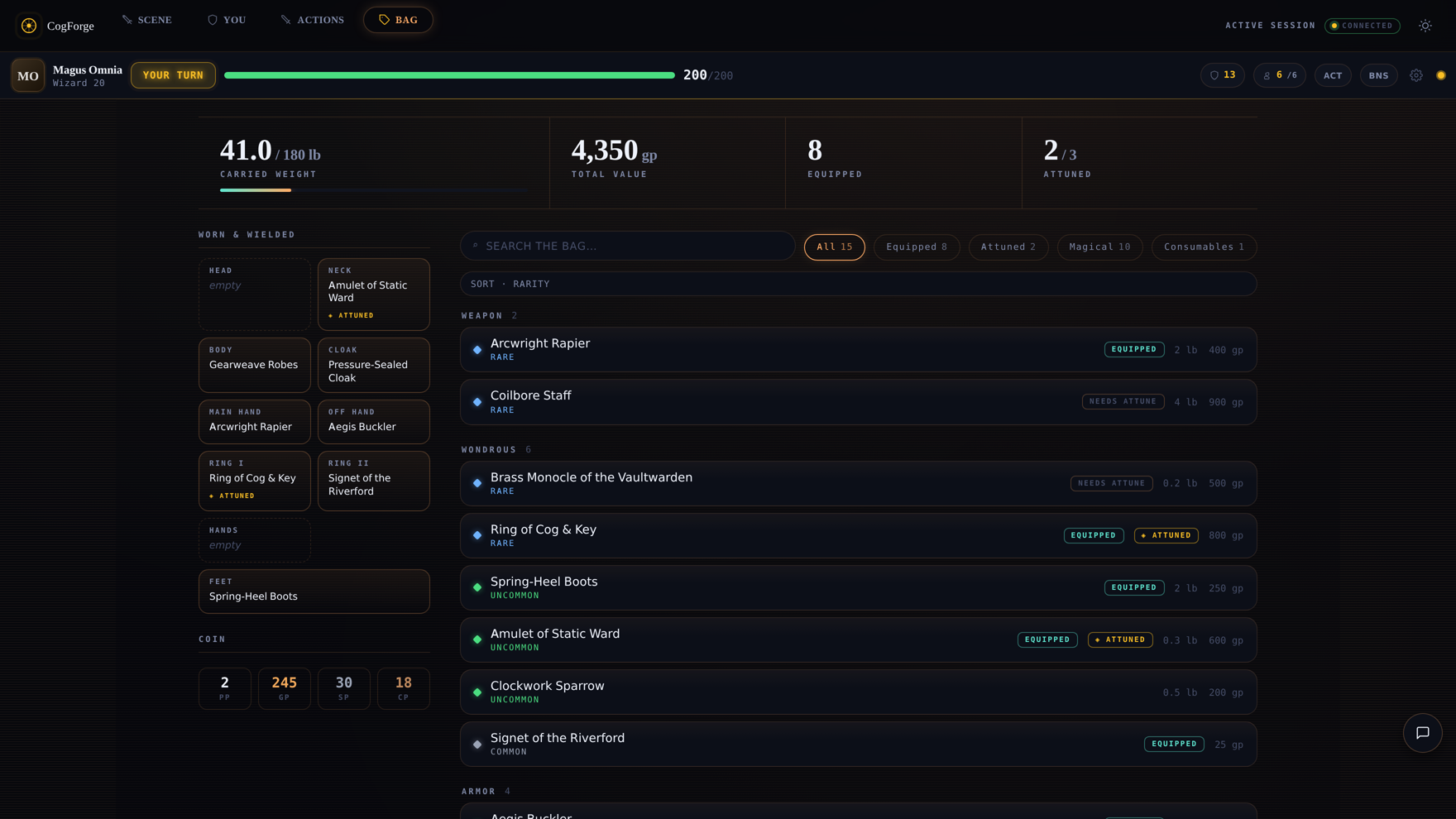 Player inventory: equipment slots, carry weight, attunement, gold