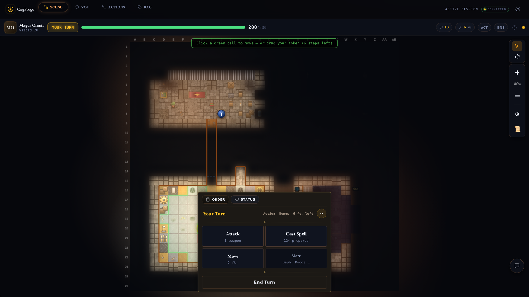 Player scene view: live battle map with turn actions