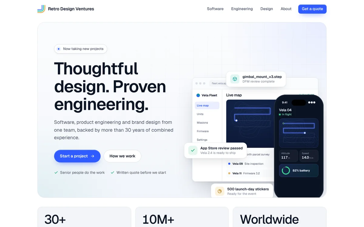Retro Design Ventures website homepage: Thoughtful design. Proven engineering.