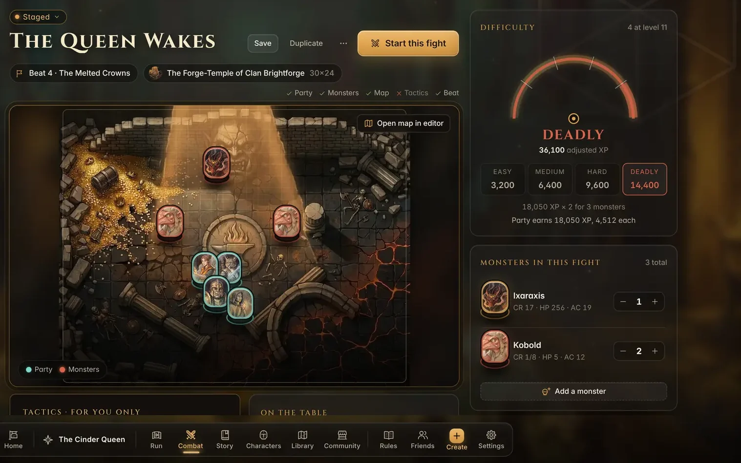 Encounter builder: The Queen Wakes staged on the forge-temple map with a difficulty meter reading deadly