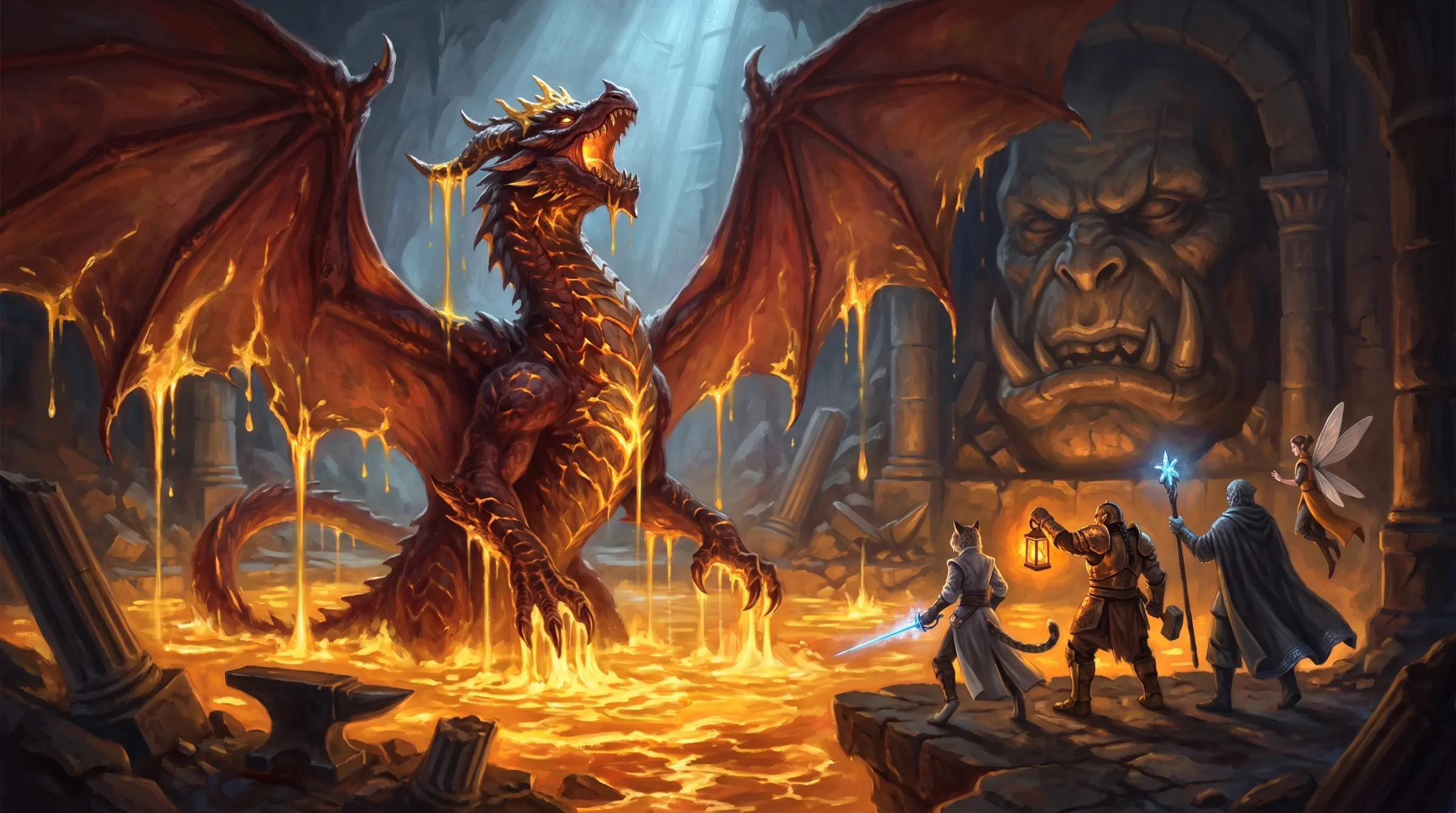 Painted cover art for The Cinder Queen campaign: a red dragon rising from molten gold in a ruined forge-temple, four heroes facing her from a stone ledge