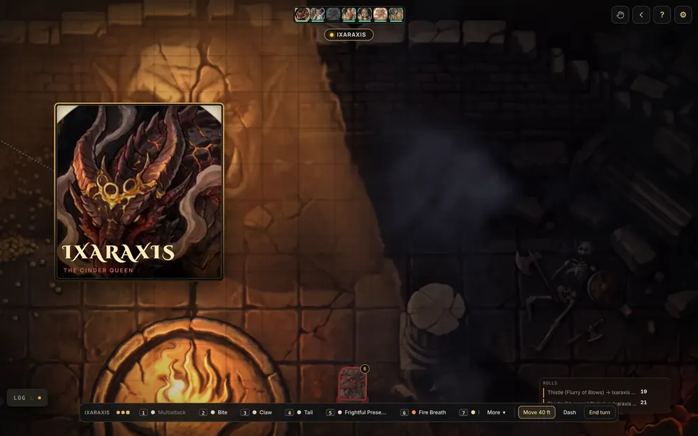 The dragon Ixaraxis's portrait card appearing as she takes her first turn