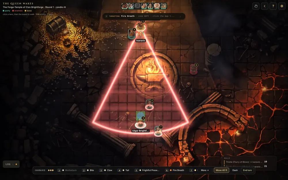 A red cone template aimed across the map for the dragon's fire breath