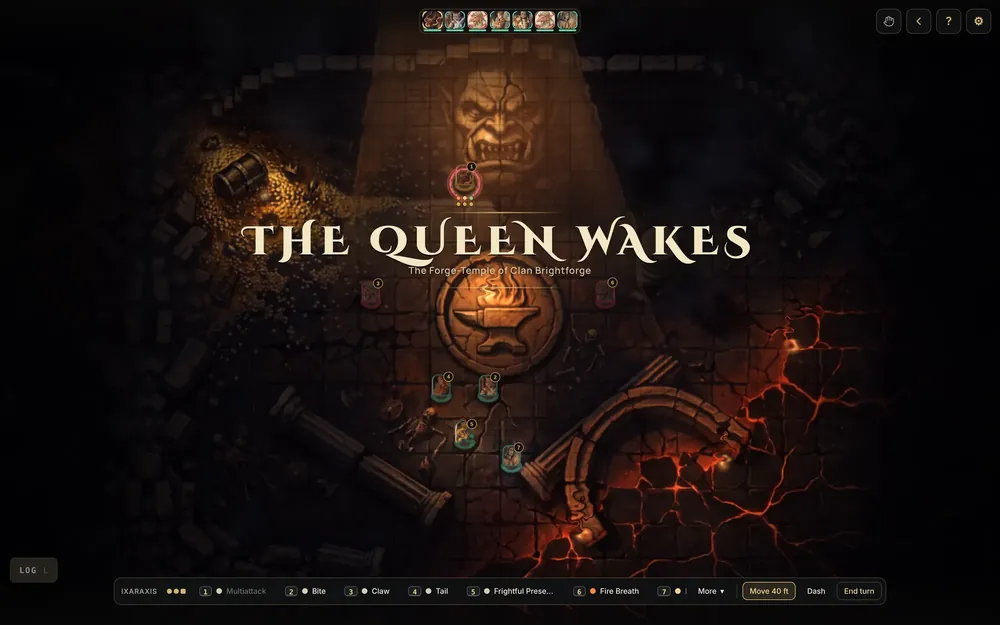 A title card reading The Queen Wakes over the lit battle map