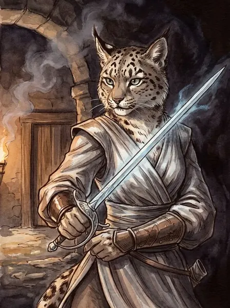 Portrait of Quiet Frost, a snow leopard bladesinger with a glowing sword