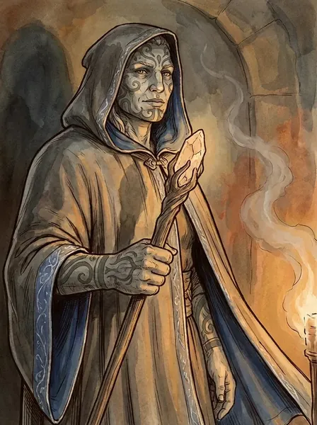 Portrait of Thalra Skyreader, a hooded elder with a glowing hand