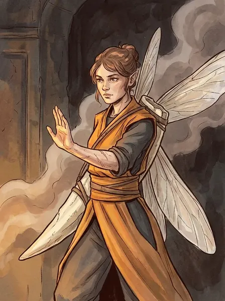 Portrait of Thistle, a winged monk in orange robes