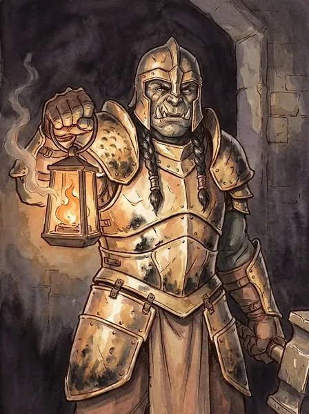 Portrait of Ulgar Brightforge, an armored dwarf holding a lantern