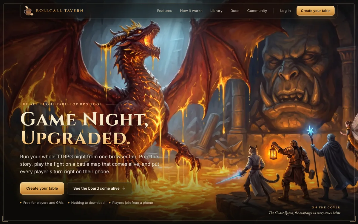 RollCall Tavern website homepage: Game Night, Upgraded, over painted art of a red dragon and four heroes
